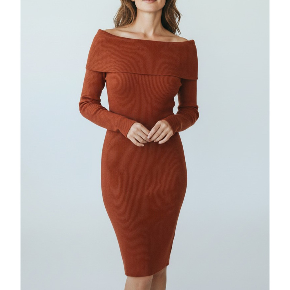 A5 Auth WILFRED Burnt Rust Ribbed Off Shoulder Sweater Midi Dress Size XS - Picture 1 of 7